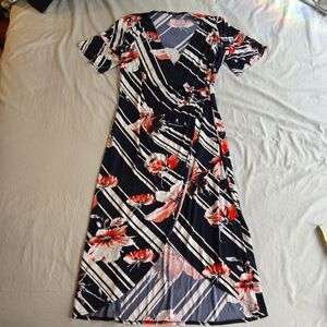 Glamour Floral Wrap Front Midi Dress 14W - Nautical Stripes Style